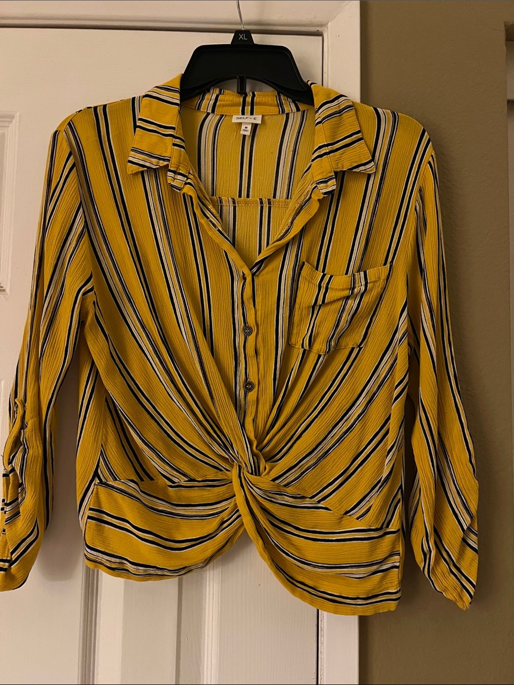 Striped Knot-Front Button Shirt - Mustard Yellow